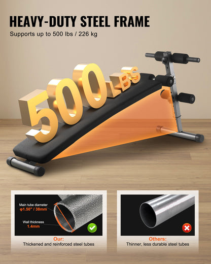 Sit Up-bänk, hopfällbar böjd, nedåtgående magbänk, med 5 justerbara höjdinställningar, kraftigt stål, halkfri design, 226 kg kapacitet för hemmagym, styrketräning, helkroppsmuskler