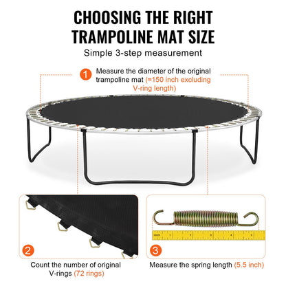 Ersättningsstudsmatta, hoppmatta passar 14ft ram, universal hoppmatta för 14ft rund studsmatta, förstärkt UV-resistent matta med fjäderverktyg och slitstarka V-ringar, passar 5,5" fjäderlängd