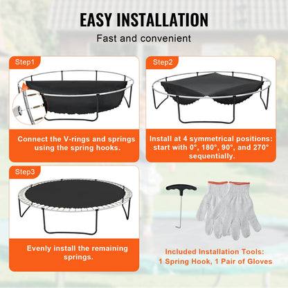 Ersättningsstudsmatta, hoppmatta passar 14ft ram, universal hoppmatta för 14ft rund studsmatta, förstärkt UV-resistent matta med fjäderverktyg och slitstarka V-ringar, passar 5,5" fjäderlängd