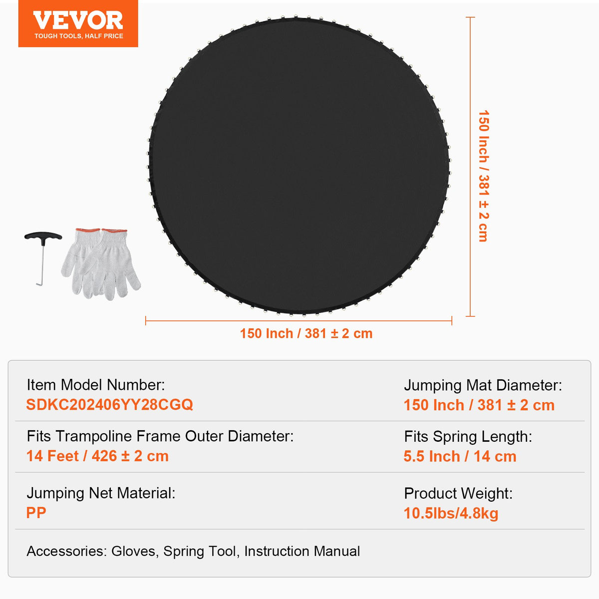 Ersättningsstudsmatta, hoppmatta passar 14ft ram, universal hoppmatta för 14ft rund studsmatta, förstärkt UV-resistent matta med fjäderverktyg och slitstarka V-ringar, passar 5,5" fjäderlängd