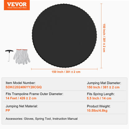 Ersättningsstudsmatta, hoppmatta passar 14ft ram, universal hoppmatta för 14ft rund studsmatta, förstärkt UV-resistent matta med fjäderverktyg och slitstarka V-ringar, passar 5,5" fjäderlängd