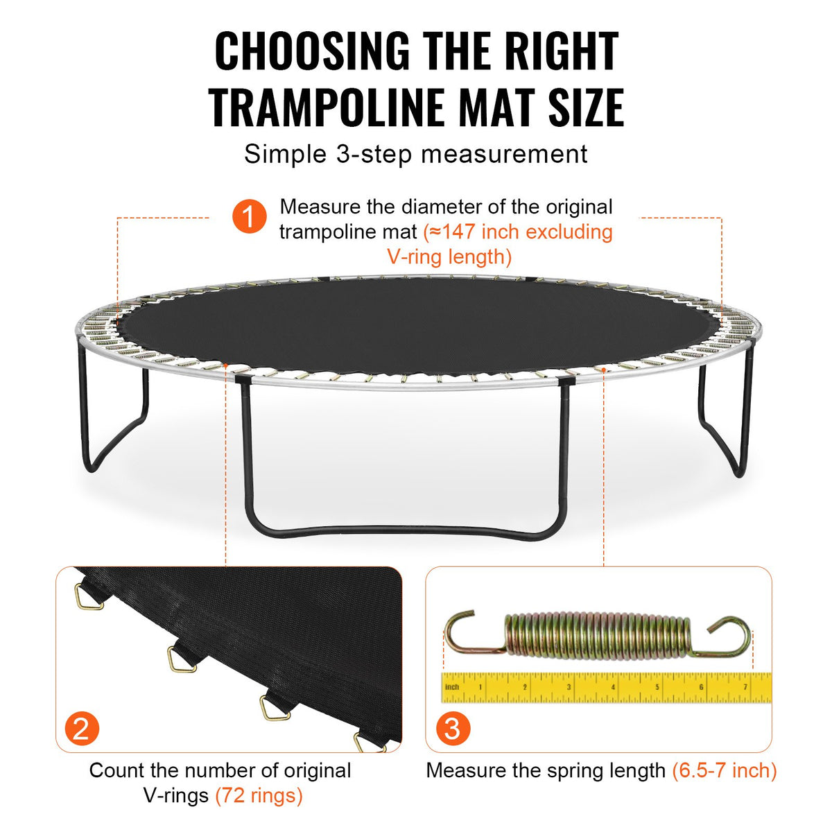 Ersättningsstudsmatta, hoppmatta passar 14ft ram, universal hoppmatta för 14ft rund studsmatta, förstärkt UV-resistent matta med fjäderverktyg och slitstarka V-ringar, passar 6,5"-7" fjäderlängd