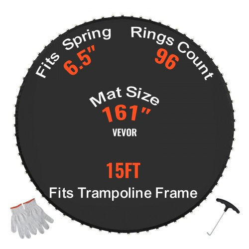 Replacement Trampoline Mat, Jumping Mat Fits 15ft Frame, Universal Jumping Mat for 15ft Round Trampoline, Reinforce UV-Resistant Mat with Spring Tool & Durable V-Rings, Fit 6.5" Spring Length