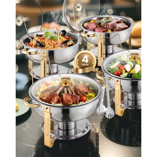 Varmfatbufféset, 5 liter, 4-pack, rostfritt stålvärmare med 4 fullstora kastruller, rund cateringvärmare med glaslock, vattenpanna, hopfällbart stativ, bränslehållare, för bröllopsfest, bankett, guld
