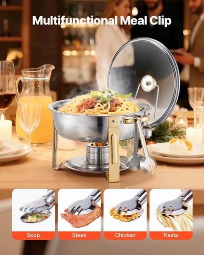 Varmfatbufféset, 5 liter, 4-pack, rostfritt stålvärmare med 4 fullstora kastruller, rund cateringvärmare med glaslock, vattenpanna, hopfällbart stativ, bränslehållare, för bröllopsfest, bankett, guld