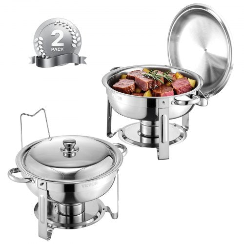 Varmfatbufféset, 5 liter 2-pack, varmfat i rostfritt stål med 2 fullstora stekpannor, rund cateringvärmare med lock, vattenpanna, hopfällbart stativ, för bröllop, fester, banketter, silver