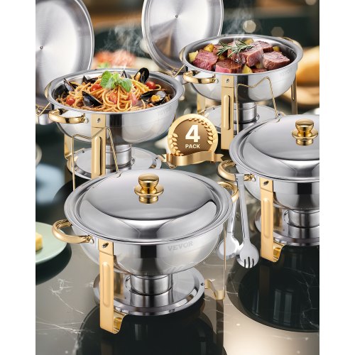 Varmdiskbufféset, 5 liter, 4-pack, rostfritt stålvärmare med 4 fullstora kastruller, rund cateringvärmare med lock, vattenpanna, hopfällbart stativ, för bröllop, fester, banketter, guld