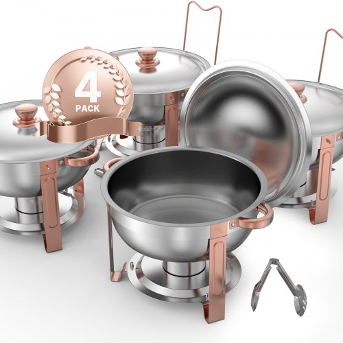Varmfatbufféset, 5 liter, 4-pack, rostfritt stålvärmare med 4 fullstora kastruller, rund cateringvärmare med lock, vattenpanna, hopfällbart stativ, för bröllop, fester, banketter, roséguld