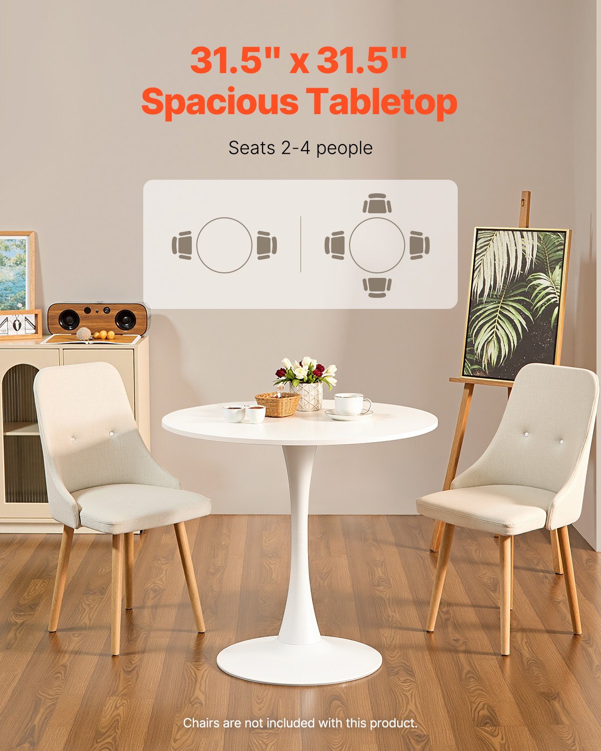 Runt matbord, 89 cm träbord för 2-4 personer, moderna runda möbler, soffbord för fritidsbruk med piedestalbas i tulpandesign, för kök och vardagsrum, vitt (endast bord)