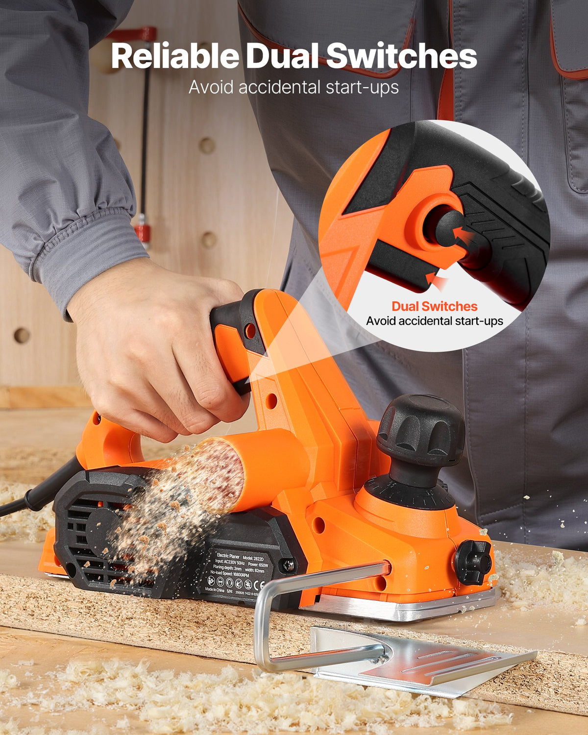 Elektrisk handhyvel, 82 mm skärbredd, 650W 16800 RPM Sladdansluten handhyvel för trä, med justerbart skärdjup, 2 blad, för träbearbetning, träfas, gör-det-själv, slät yta, snickeriverktyg