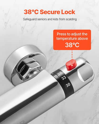 Thermostatic Shower Faucet Valve, Anti-Scald 38℃ Secure Lock Thermostatic Shower Mixer Valve, Hot Cold Water Showering Faucet Temperature Control Valves for Bathroom, RV, Chrome-Plated Coating