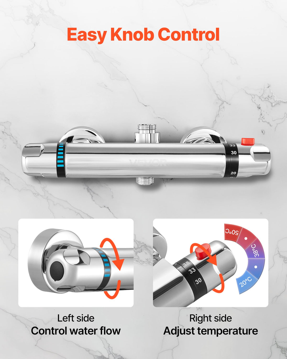 Thermostatic Shower Faucet Valve, Anti-Scald 38℃ Secure Lock Thermostatic Shower Mixer Valve, Hot Cold Water Showering Faucet Temperature Control Valves for Bathroom, RV, Chrome-Plated Coating