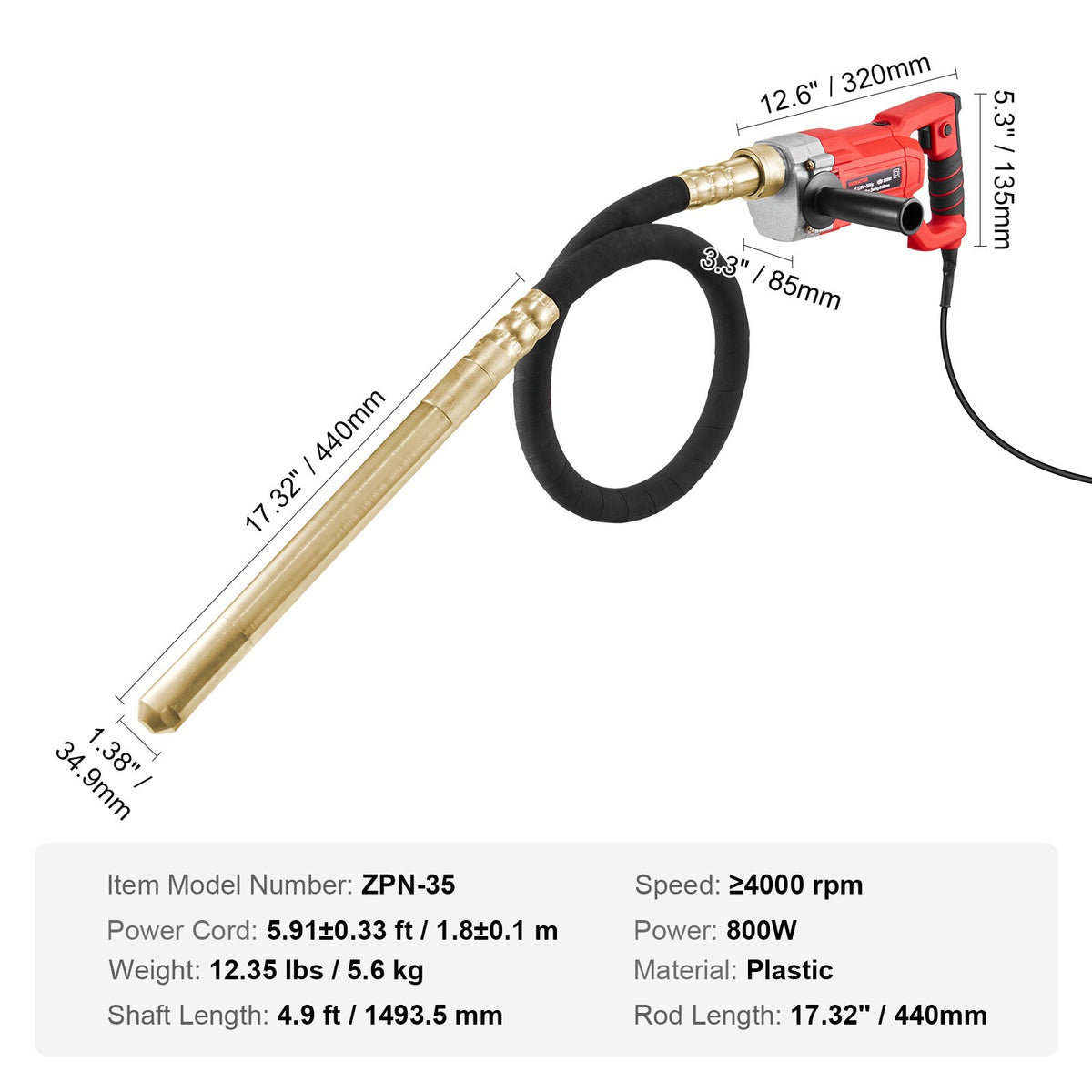 Handheld Concrete Vibrator, 800W Electric Vibrator 4000 RPM, Electric Concrete Vibrating Tool With 4.9ft / 1.5m Shaft Rod, Portable Pencil Cement Vibrator Remove Air Bubble and Mix Concrete