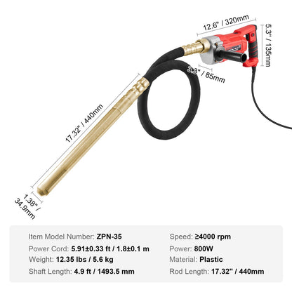 Handheld Concrete Vibrator, 800W Electric Vibrator 4000 RPM, Electric Concrete Vibrating Tool With 4.9ft / 1.5m Shaft Rod, Portable Pencil Cement Vibrator Remove Air Bubble and Mix Concrete
