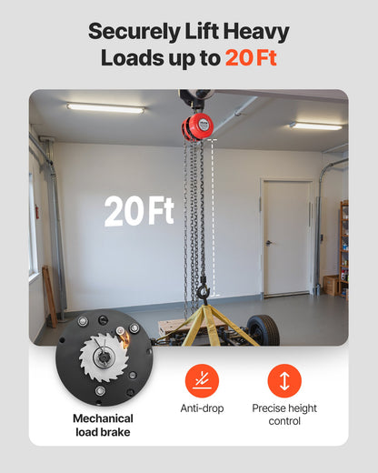 Hand Chain Hoist, 1 Ton Capacity, Manual Chain Block with Upgrade G70 Galvanized Chain, 6 m Lifting Height, Heavy Duty Pulley Hoist for Garage Warehouse Automotive Machinery, Red
