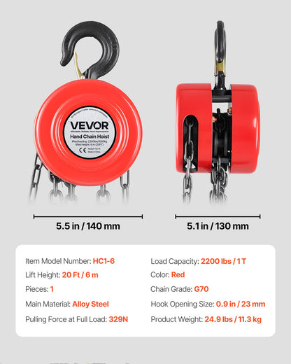 Hand Chain Hoist, 1 Ton Capacity, Manual Chain Block with Upgrade G70 Galvanized Chain, 6 m Lifting Height, Heavy Duty Pulley Hoist for Garage Warehouse Automotive Machinery, Red