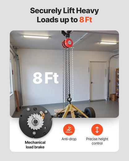 Hand Chain Hoist, 1 Ton Capacity, Manual Chain Block with Upgrade G70 Galvanized Chain, 2.44 m Lifting Height, Heavy Duty Pulley Hoist for Garage Warehouse Automotive Machinery, Red