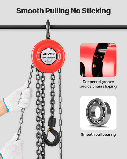 Hand Chain Hoist, 1 Ton Capacity, Manual Chain Block with Upgrade G70 Galvanized Chain, 2.44 m Lifting Height, Heavy Duty Pulley Hoist for Garage Warehouse Automotive Machinery, Red
