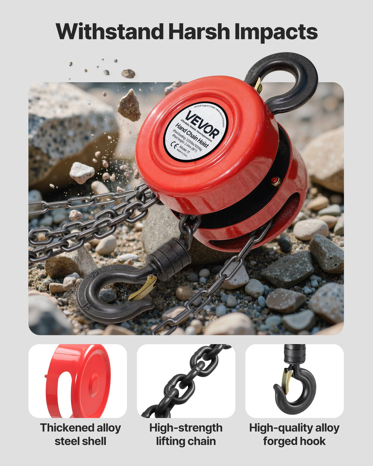 Hand Chain Hoist, 1 Ton Capacity, Manual Chain Block with Upgrade G70 Galvanized Chain, 2.44 m Lifting Height, Heavy Duty Pulley Hoist for Garage Warehouse Automotive Machinery, Red