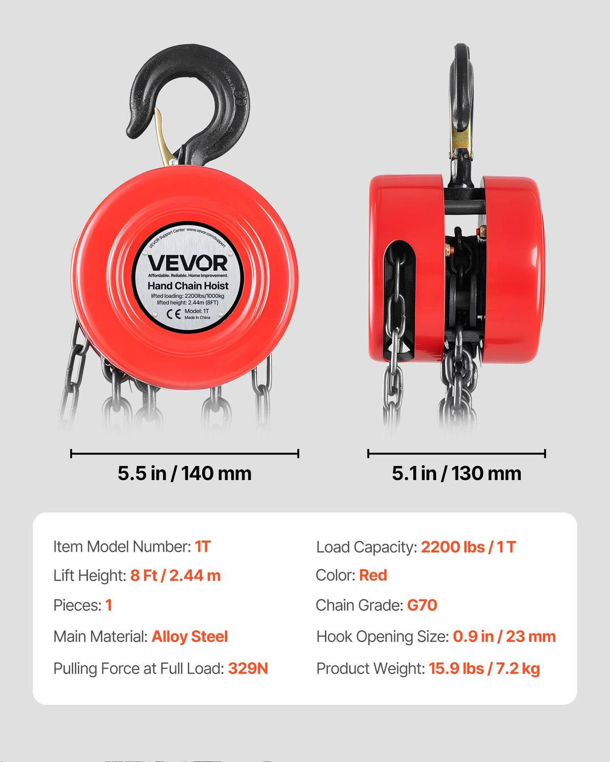 Hand Chain Hoist, 1 Ton Capacity, Manual Chain Block with Upgrade G70 Galvanized Chain, 2.44 m Lifting Height, Heavy Duty Pulley Hoist for Garage Warehouse Automotive Machinery, Red