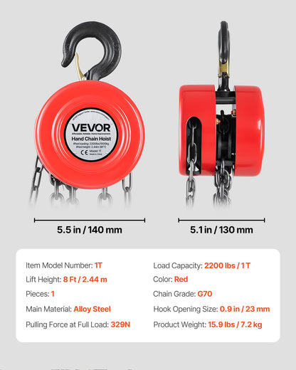 Hand Chain Hoist, 1 Ton Capacity, Manual Chain Block with Upgrade G70 Galvanized Chain, 2.44 m Lifting Height, Heavy Duty Pulley Hoist for Garage Warehouse Automotive Machinery, Red