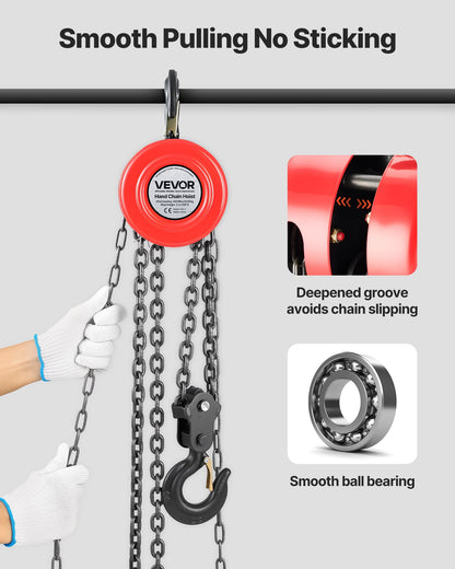 Hand Chain Hoist, 2 Ton Capacity, Manual Chain Block with Upgrade G70 Galvanized Chain, 3 m Lifting Height, Heavy Duty Pulley Hoist for Garage Warehouse Automotive Machinery, Red