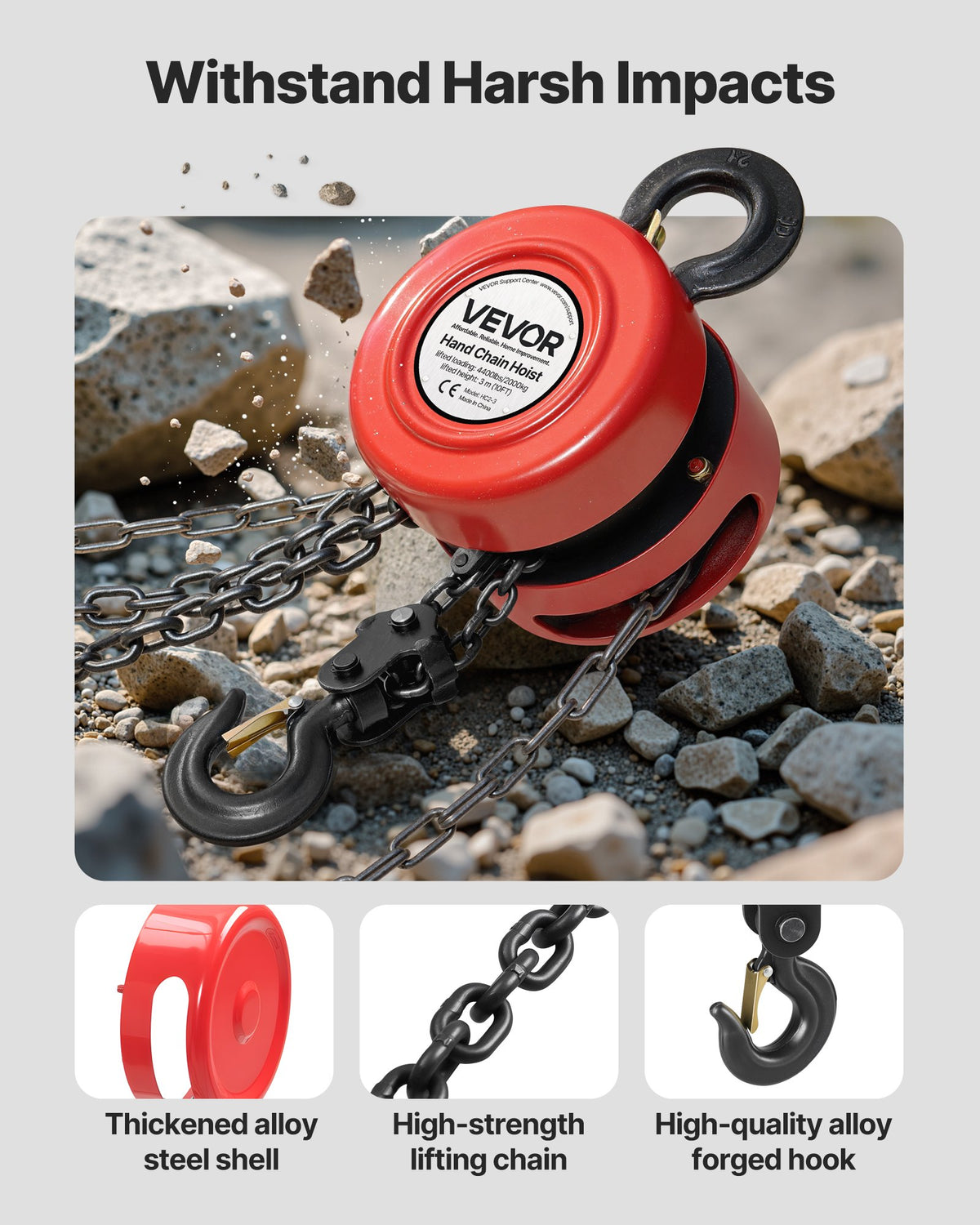 Hand Chain Hoist, 2 Ton Capacity, Manual Chain Block with Upgrade G70 Galvanized Chain, 3 m Lifting Height, Heavy Duty Pulley Hoist for Garage Warehouse Automotive Machinery, Red