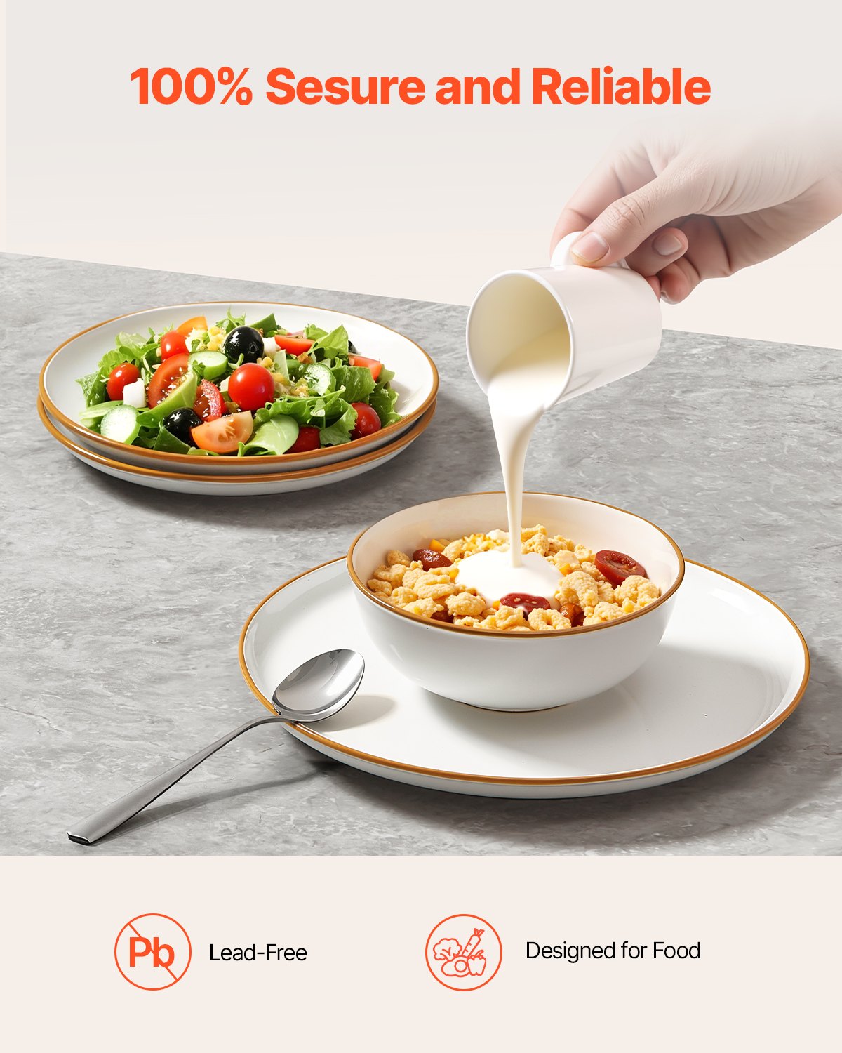 Servisset, för 6 personer, runda tallrikar och skålar, reptåligt keramikporslin, diskmaskins- och mikrovågsugnslämpligt köksredskap, för dessert, sallad, soppa, pasta, vit