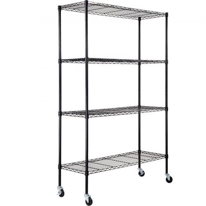Förvaringshylla med hjul, justerbar i 4 nivåer, kapacitet på 340 kg, kraftiga garagehyllor i metall, trådställ, svart, 122 cm L x 43 cm B x 183 cm H för kök, skafferi, källare, badrum