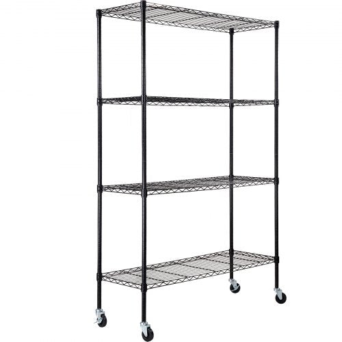 Förvaringshylla med hjul, justerbar i 4 nivåer, kapacitet på 340 kg, kraftiga garagehyllor i metall, trådställ, svart, 122 cm L x 43 cm B x 183 cm H för kök, skafferi, källare, badrum