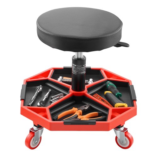 Rullande mekanikerpall med hjul, kapacitet 136 kg garagestol/arbetspall, justerbar höjd (40-54 cm) rullande krypstol med verktygslåda, för garage, verkstad och bilreparationer, svart+röd