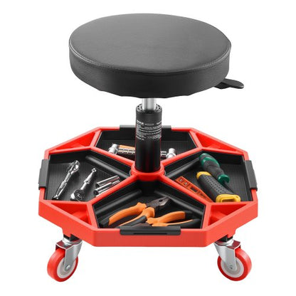 Rullande mekanikerpall med hjul, kapacitet 136 kg garagestol/arbetspall, justerbar höjd (40-54 cm) rullande krypstol med verktygslåda, för garage, verkstad och bilreparationer, svart+röd