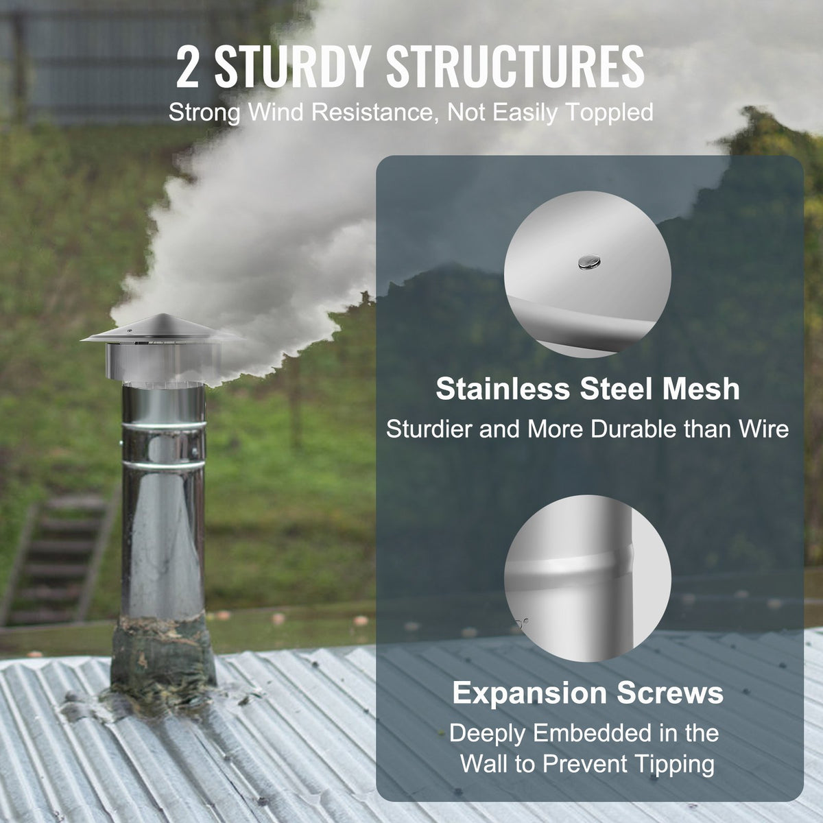 Chimney Cap, 152.4 mm, 304 Stainless Steel Round Roof Rain Cap, 300mm Increased Caps, All Weather & Reinforced Screws & Easy Installation, for Perfect Insulation Vent Cover Outside, Silver