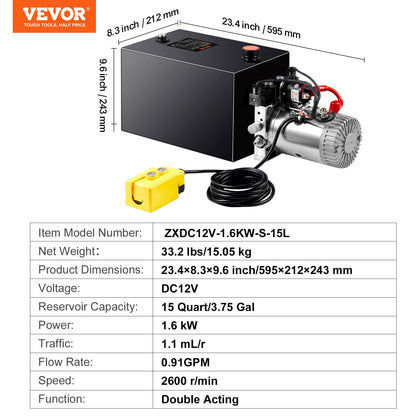 Hydraulpump, 15 liters hydraulaggregat, dubbelverkande släpvagnspump, flödeshastighet 0,91 GPM, maxavlastningstryck 3200 PSI, DC 12V hydraulpump för lyft av släpvagnsbilar