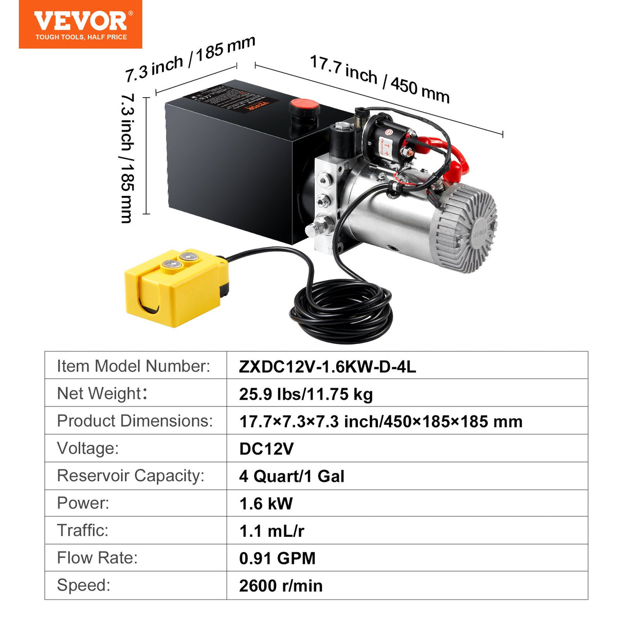 Hydraulpump 4 Quart/3,8 L Enkelverkande Tippvagnspump Kraftenhet DC 12V
