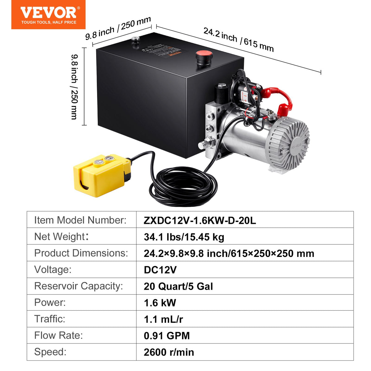 Hydraulpump, 20 liters hydraulaggregat, enkelverkande tippvagnspump, flödeshastighet 0,91 GPM, maxavlastningstryck 3200 PSI, DC 12V hydraulpump för tippvagnslyft
