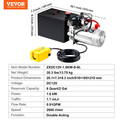 Hydraulpump, 8 liters hydraulaggregat, dubbelverkande släpvagnspump, flödeshastighet 0,91 GPM, maxavlastningstryck 3200 PSI, DC 12V hydraulpump för lyft av släpvagnsbilar