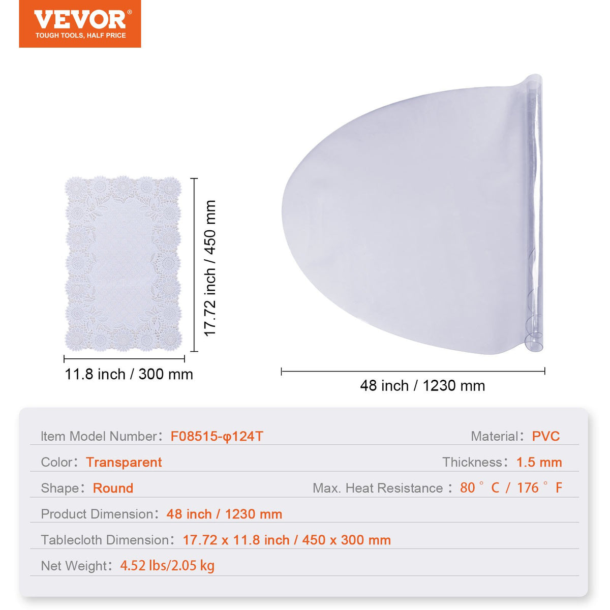 Genomskinligt bordsskydd, 48 tum/1230 mm runt bordsskydd, 1,5 mm tjock PVC-plastduk, vattentätt skrivbordsskydd för skrivbord, soffbord, matbord