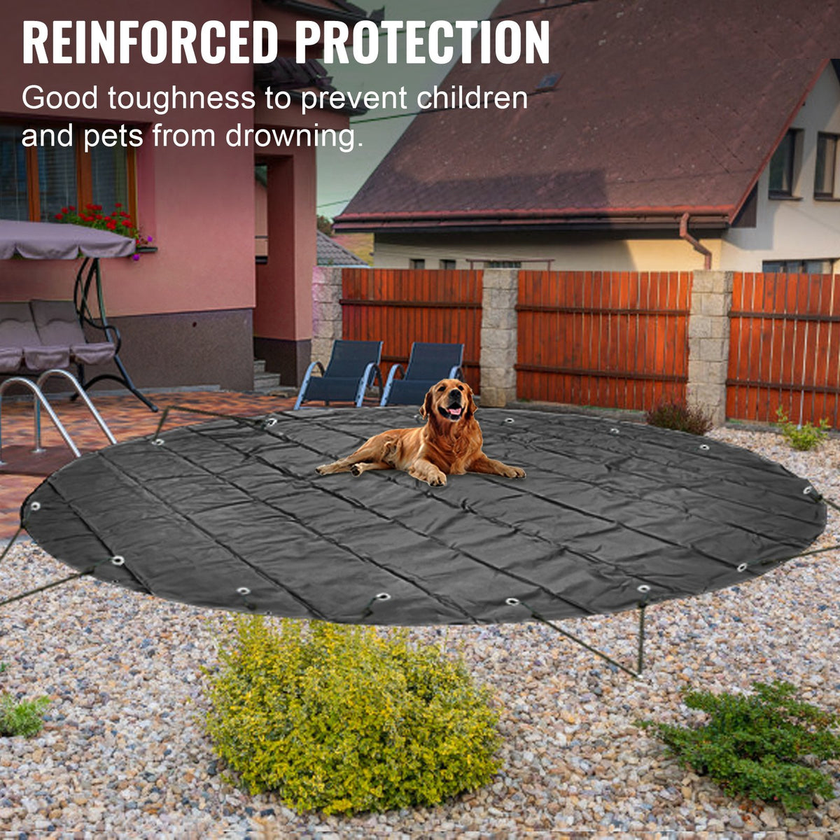 Poolsäkerhetsskydd, 13 fot i diameter, nedgrävt poolskydd, träkolsfärgade PVC-poolskydd, runt säkerhetspoolskydd, nedgrävt säkerhetsskydd, massivt säkerhetspoolskydd för pool, vinterskydd