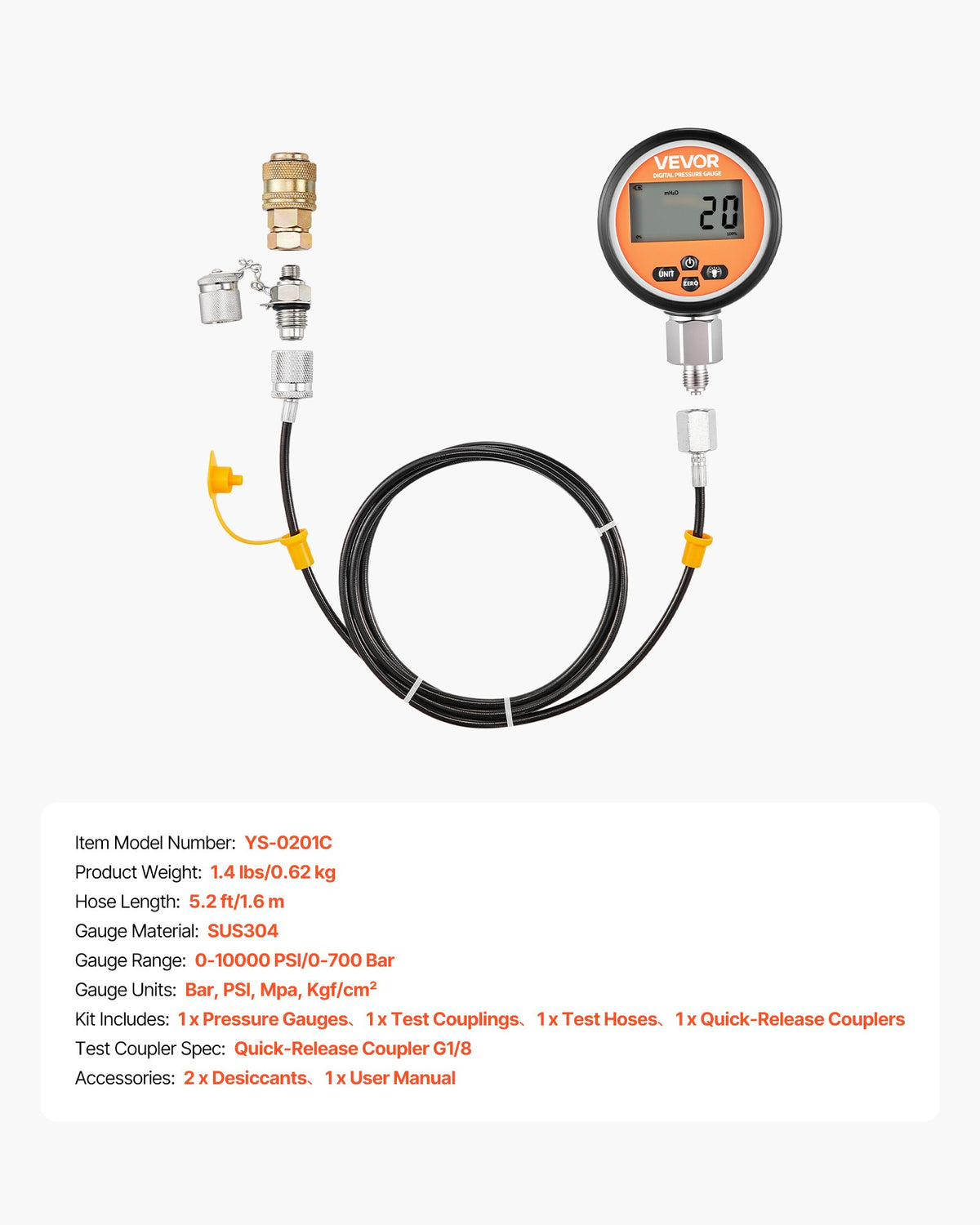 Digital hydraulisk tryckmätningskopplingssats, 700 bar tryckmätare med 1 mätare, 1 testkoppling, 1 snabbkoppling och 1 slang för grävmaskin och byggmaskiner