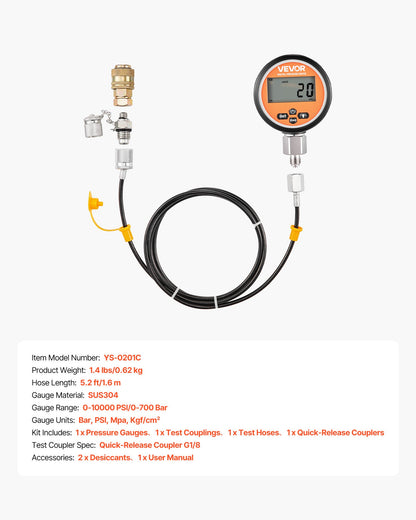 Digital hydraulisk tryckmätningskopplingssats, 700 bar tryckmätare med 1 mätare, 1 testkoppling, 1 snabbkoppling och 1 slang för grävmaskin och byggmaskiner