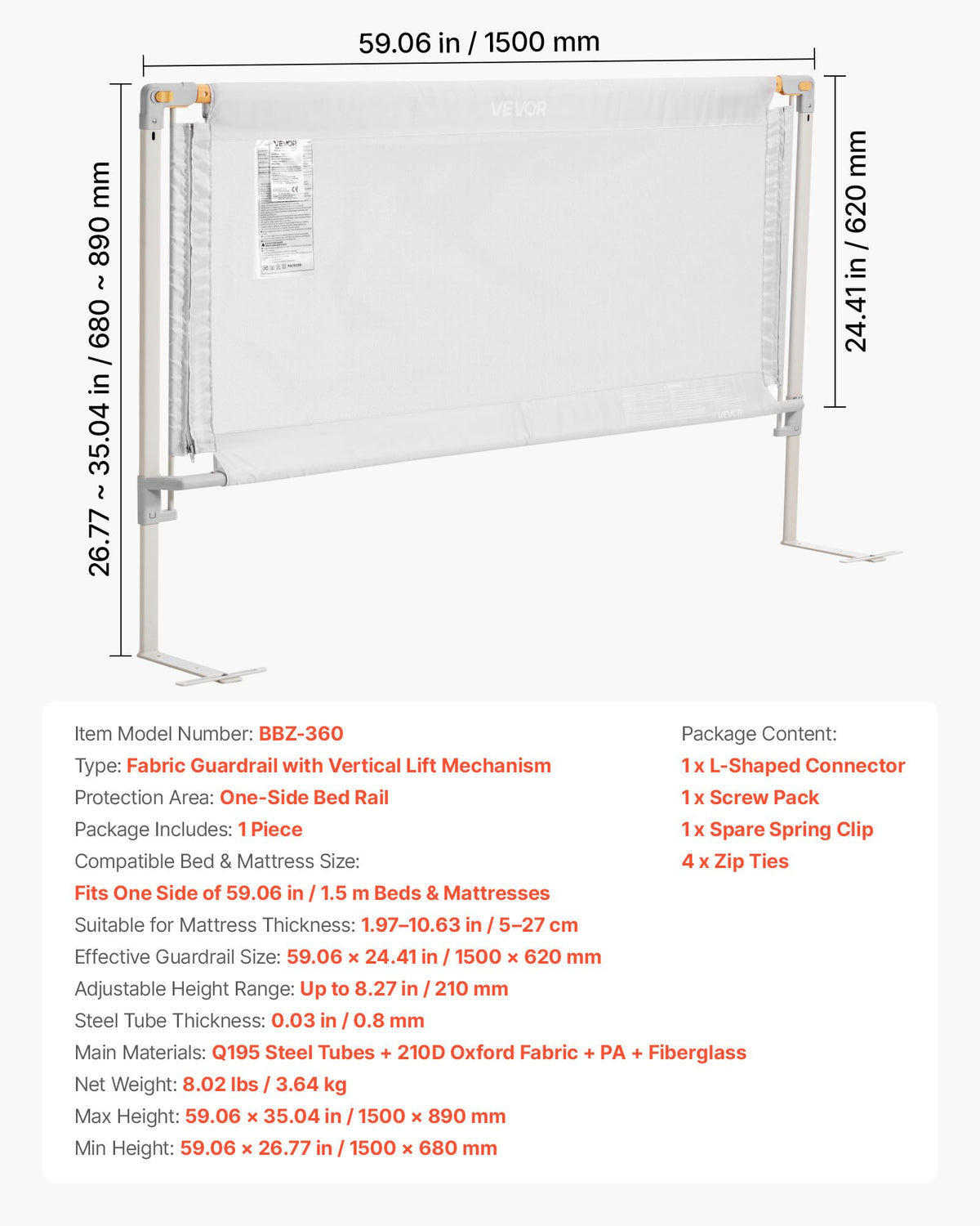 Toddler Bed Rail, Kids Beds Guard Rail with Reinforced Iron Pipe and Oxford Cloth, Adjustable Height Bed Side Railing, Portable Guard Bumper Barrier for Crib, Bunk, 1500 x 890 mm, 1 Piece