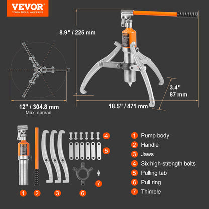 Hydraulic Gear Puller, 15 Ton Max Capacity Wheel Bearing Pulling Separator, 2 or 3 Jaws Puller, Vertically and Horizontally, 30.5cm Jaw Hydraulic Puller with Case for Pulling Hubs