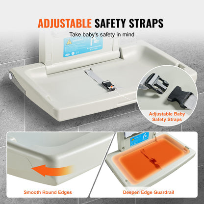 Wall-Mounted Baby Changing Station, Horizontal Foldable Diaper Change Table with Safety Straps and Hanging Rods, Use in Commercial Bathrooms, Daycare Centers for Newborns & Infant