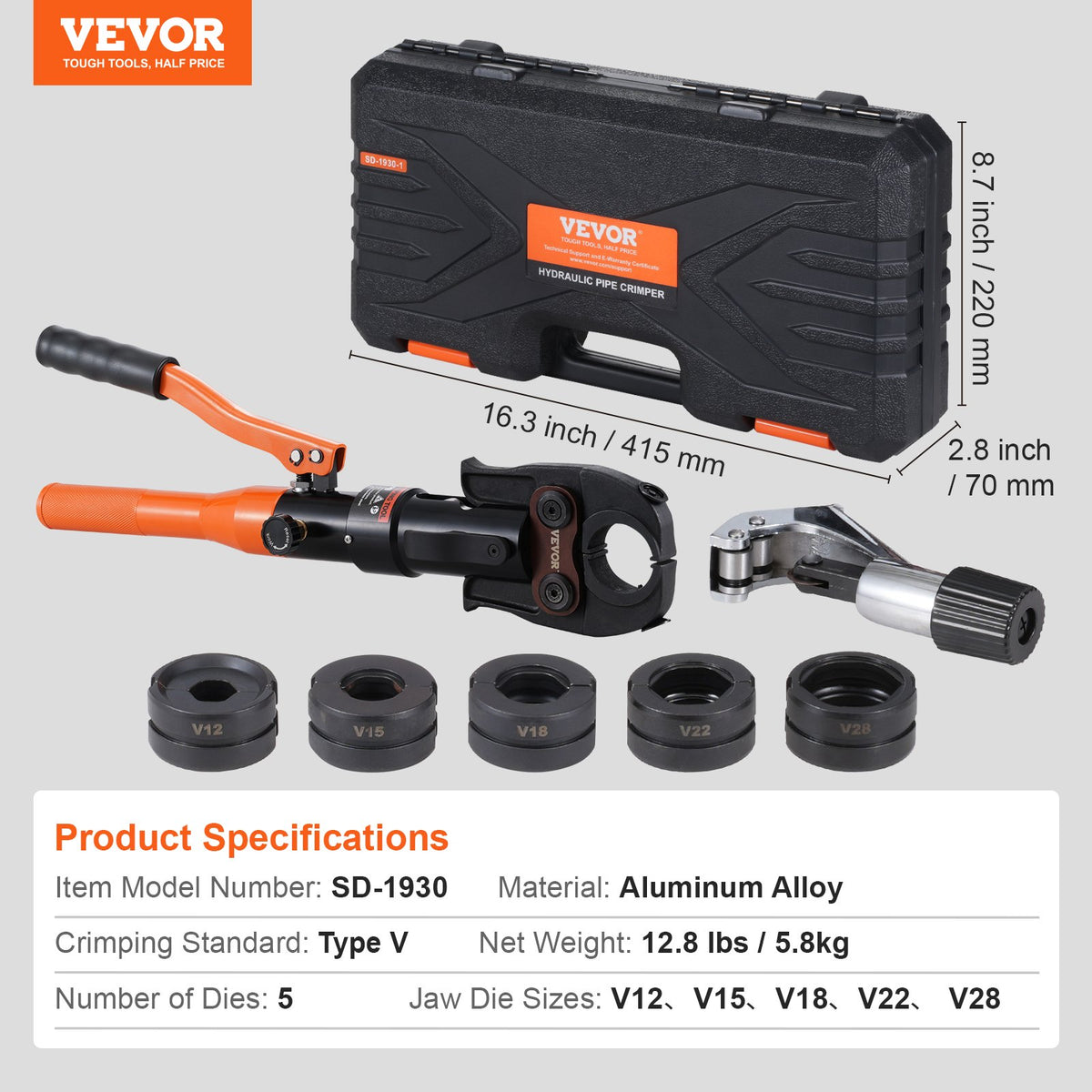 Hydraulisk rörpressverktyg för kopparrör, presstång med V12, V15, V18, V22, V28 snabbväxlingsbackar, 360° roterbart presssats för trånga utrymmen, T-kopplingar hydrauliskt drivna