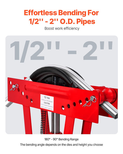 Hydraulisk rörbockare, 12 tons manuell kopparrörsbockningsmaskin med 6 matriser (1/2" - 2") och 90 - 180° justerbara rullar, kraftig rörbockare för rörlednings- och räckeskonstruktion