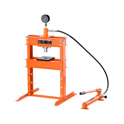 Hydraulisk verkstadspress, 10 T H-rams verkstadspress med pressplatta och H-formad bas, stabil, justerbar hydraulpress för garagegolv med övertrycksventil, lämplig för bockning, riktning och stansning