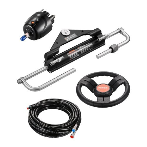150 hk hydrauliskt utombordsstyrningssystem, hydrauliskt styrsystem för marinbåtar med 13,5-tums ratt, roderpump, hydraulcylinder och 2 st 26 fots slangar för båtar med en station och en motor