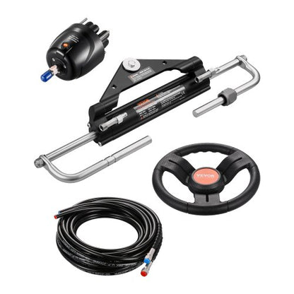 150 hk hydrauliskt utombordsstyrningssystem, hydrauliskt styrsystem för marinbåtar med 13,5-tums ratt, roderpump, hydraulcylinder och 2 st 26 fots slangar för båtar med en station och en motor