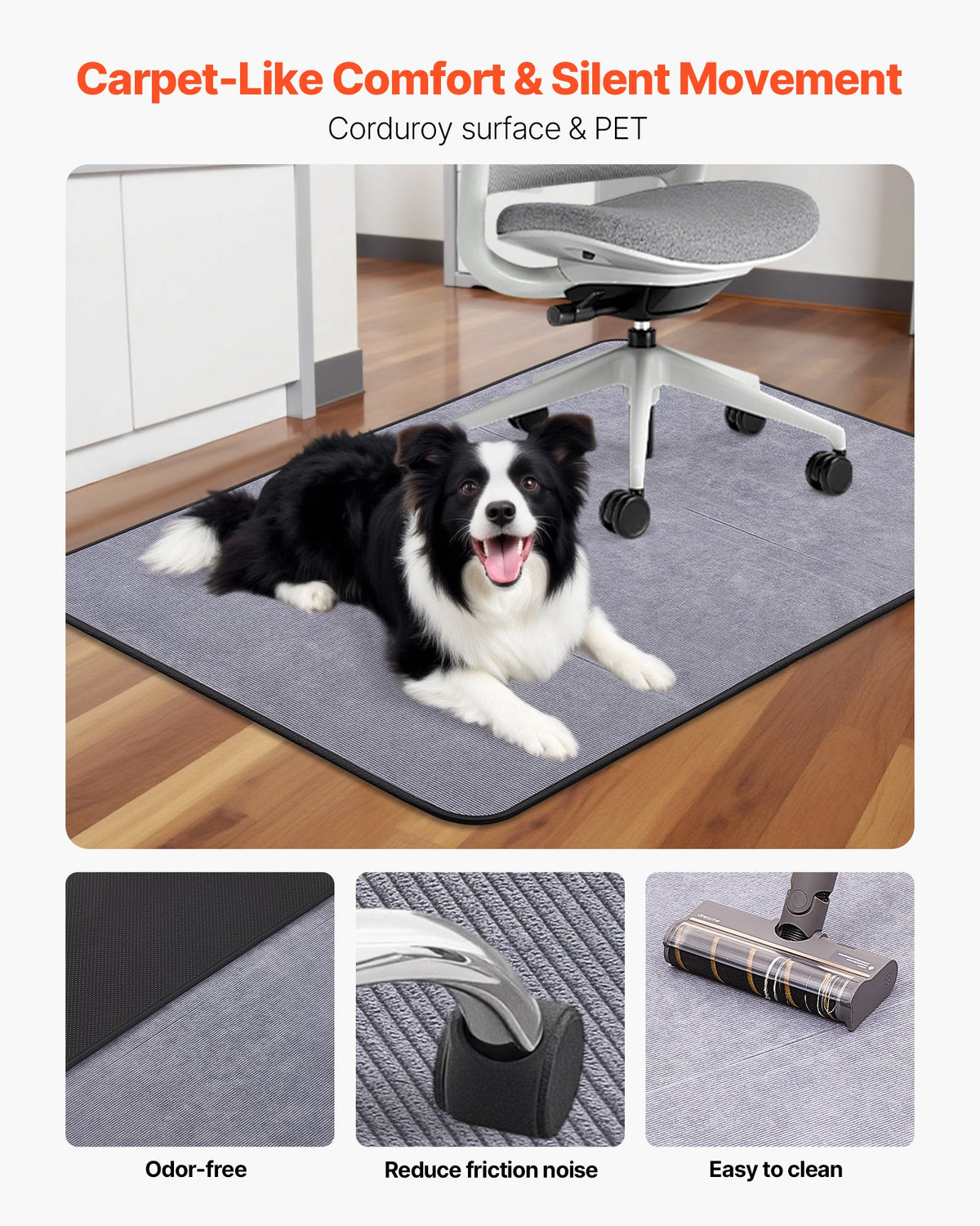 Chair Mat, 915 x 1225 mm Office Chair Mat for Hard Floors, Floor Protector for Rolling Chairs, Corduroy Surface, Non-Slip & Easy to Clean, Smooth Glide Under Desk Rug for Home Office (Grey)